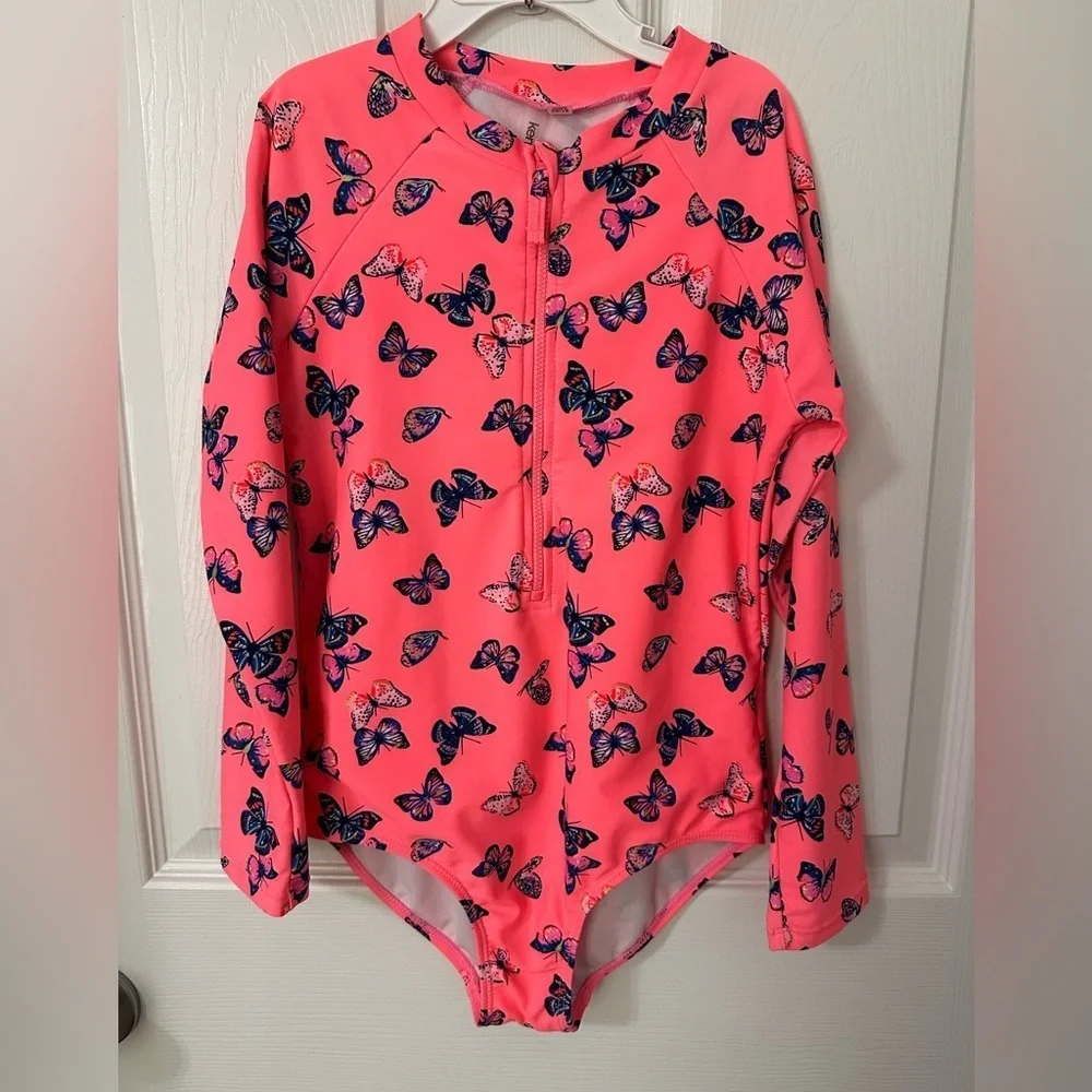 Kensie Girl Long - Sleeved Half - Zip Pink Butterfly Rashguard
